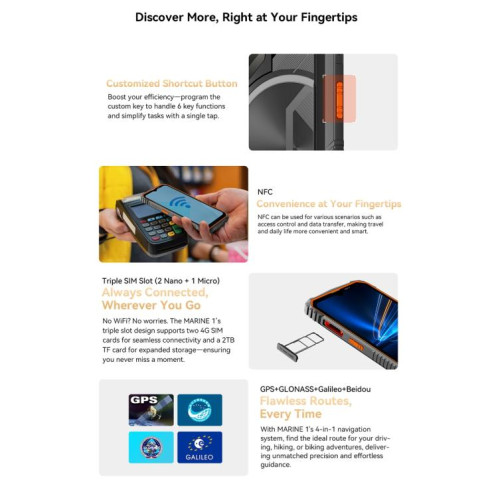  Blackview Oscal Marine 1, 4 Go + 128 Go, écran 6,56 pouces, Android 15, processeur Unisoc UMS9230E T615 Octa Core, réseau : 4G, OTG, NFC (orange) SB101A987-050